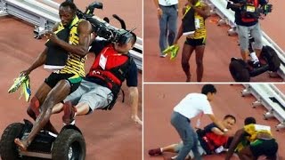 Cameraman Takes Out Usain Bolt With His Segway After 200m Win  المصور صدم اللاعب